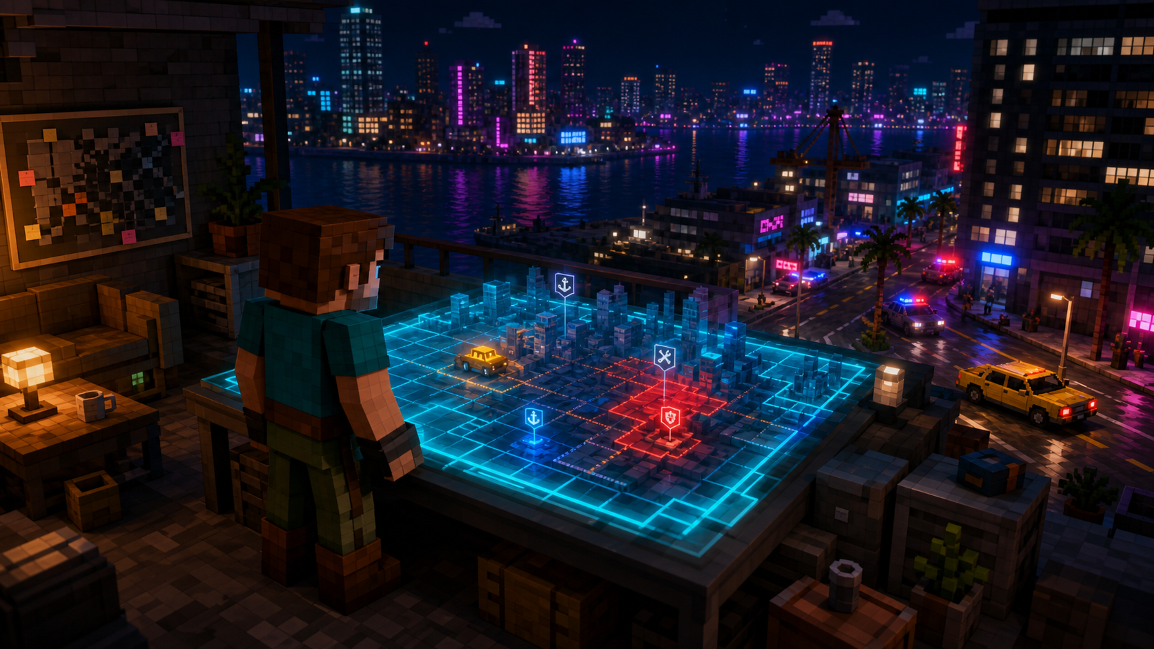 Voxel rooftop mission board overlooking a neon coastal city