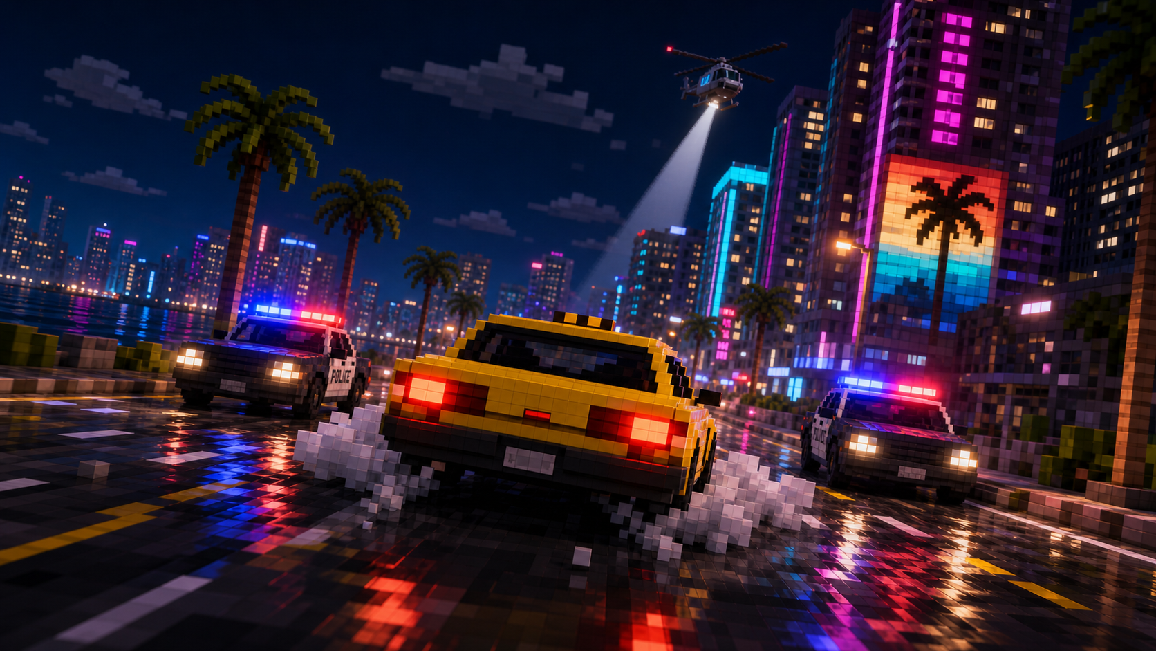 Voxel taxi chased by police cars on a neon coastal road